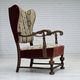 1950s, Danish wingback armchair, wool fabric, red furniture velour.