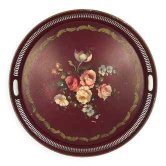 Circular plate in painted sheet metal decorated with flowers signed, napoleon iii
