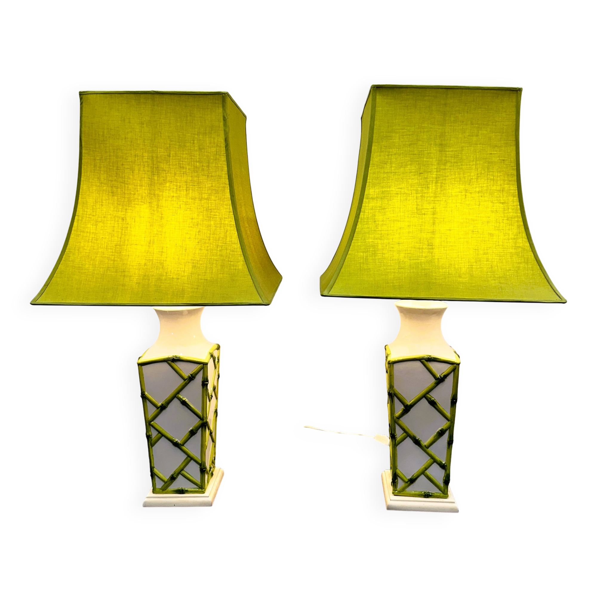 Pair of Faux Bamboo French Ceramic Table Lamps, French 1970s
