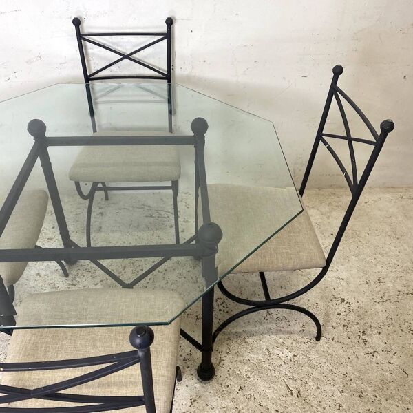 Ensemble salle à manger fer et verre octogonal biseauté
