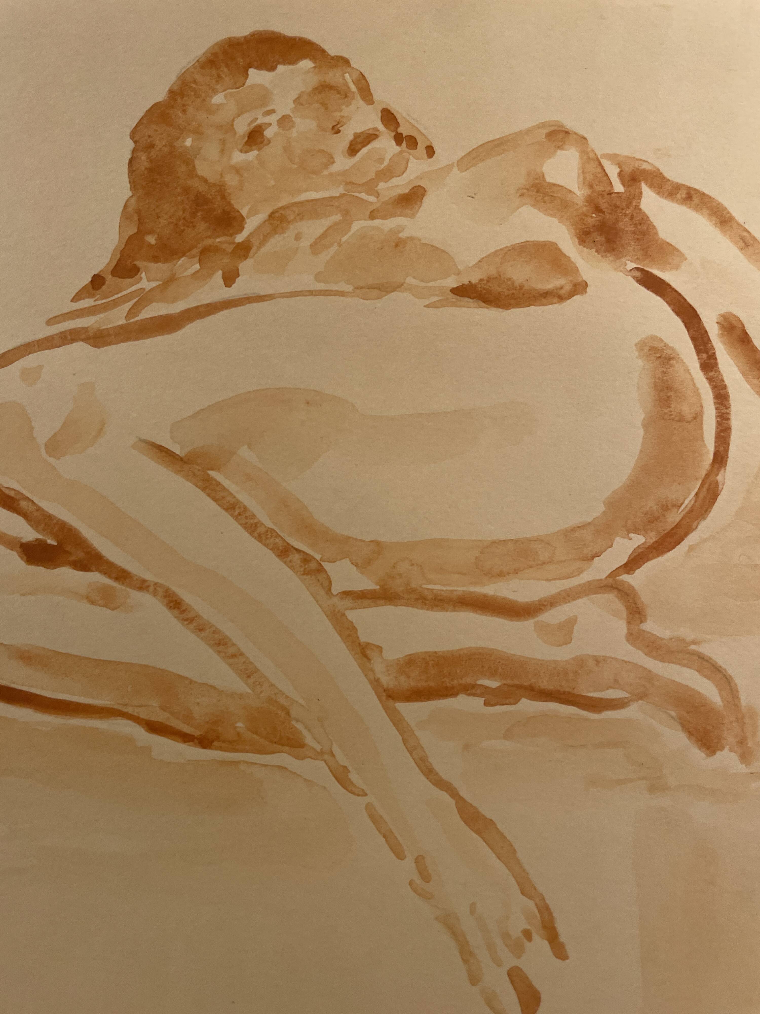 Signed painting monochrome watercolor female portrait "reclining study"