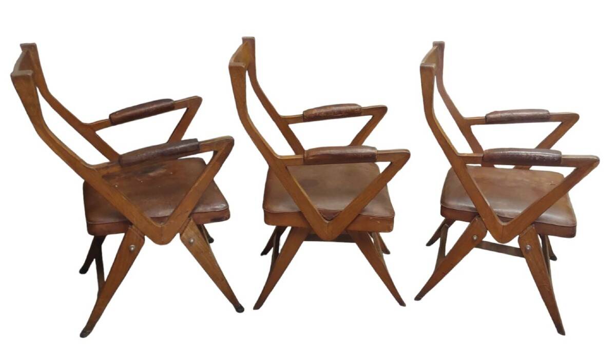 Set of oak and leather armchairs, 50s design, original