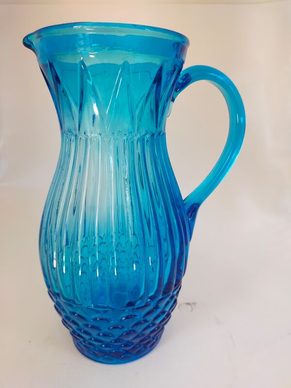 Service à orangeade en verre moulé bleu Art déco vintage pichet et 6 verres