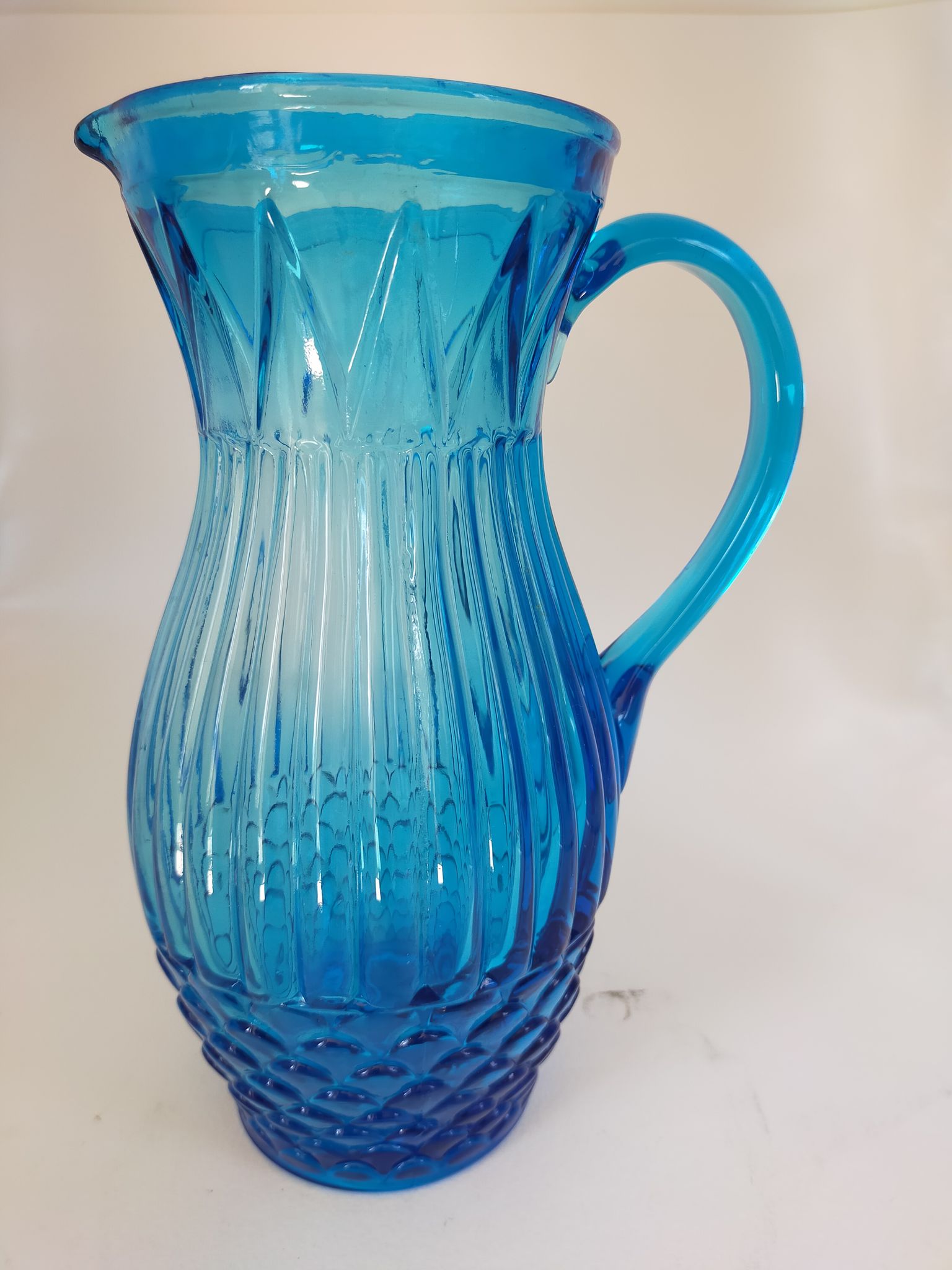 Vintage Art Deco blue molded glass orangeade set, pitcher and 6 glasses