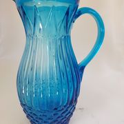 Vintage Art Deco blue molded glass orangeade set, pitcher and 6 glasses