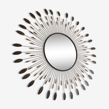 Miroir soleil perles & plumes métal, 1950 - 75x75cm