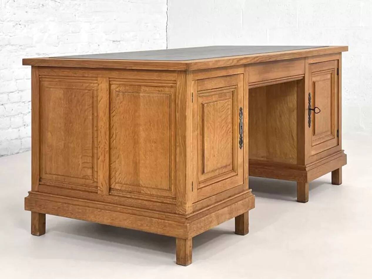 Bureau double face en chêne et cuir