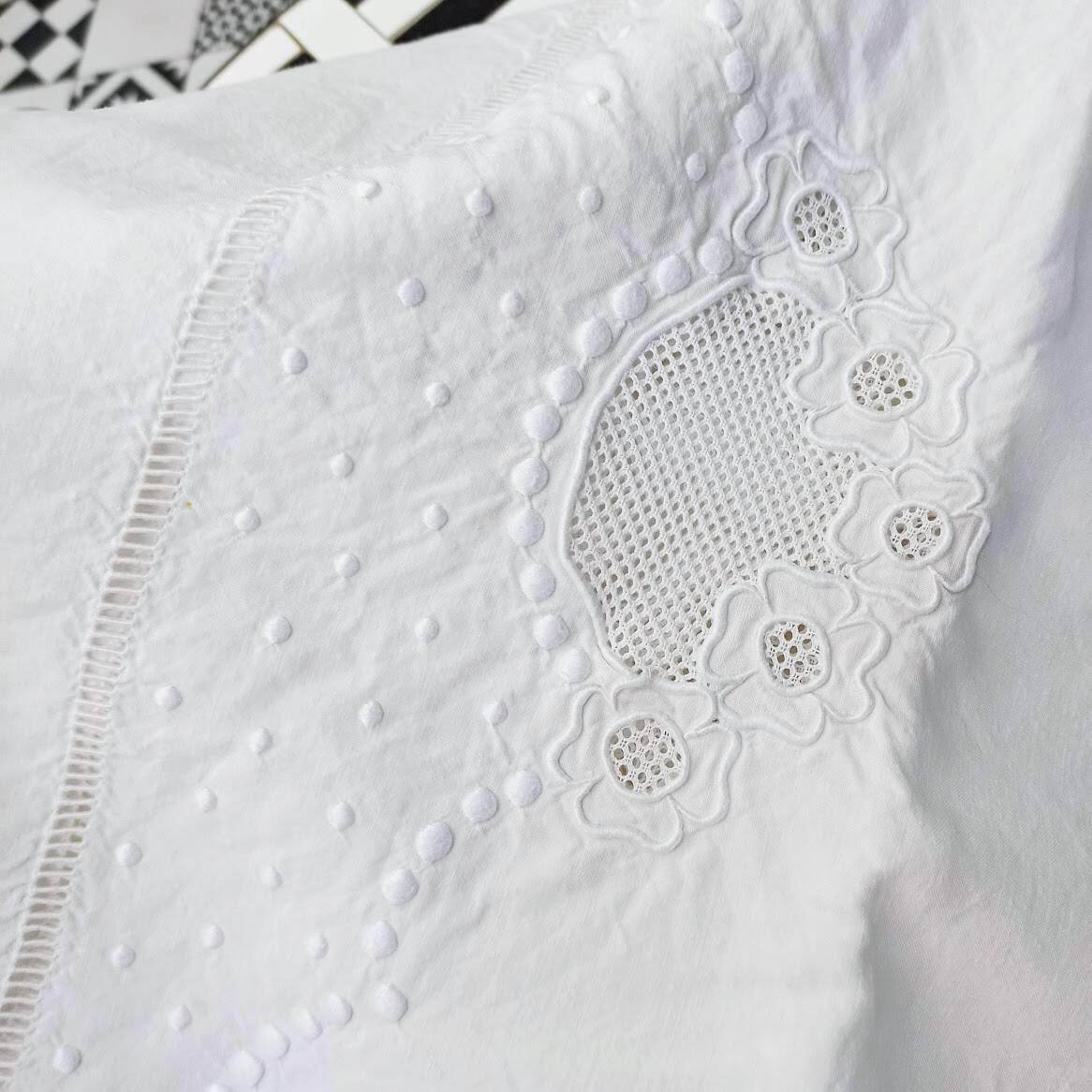 Large hand-embroidered antique linen bed sheet