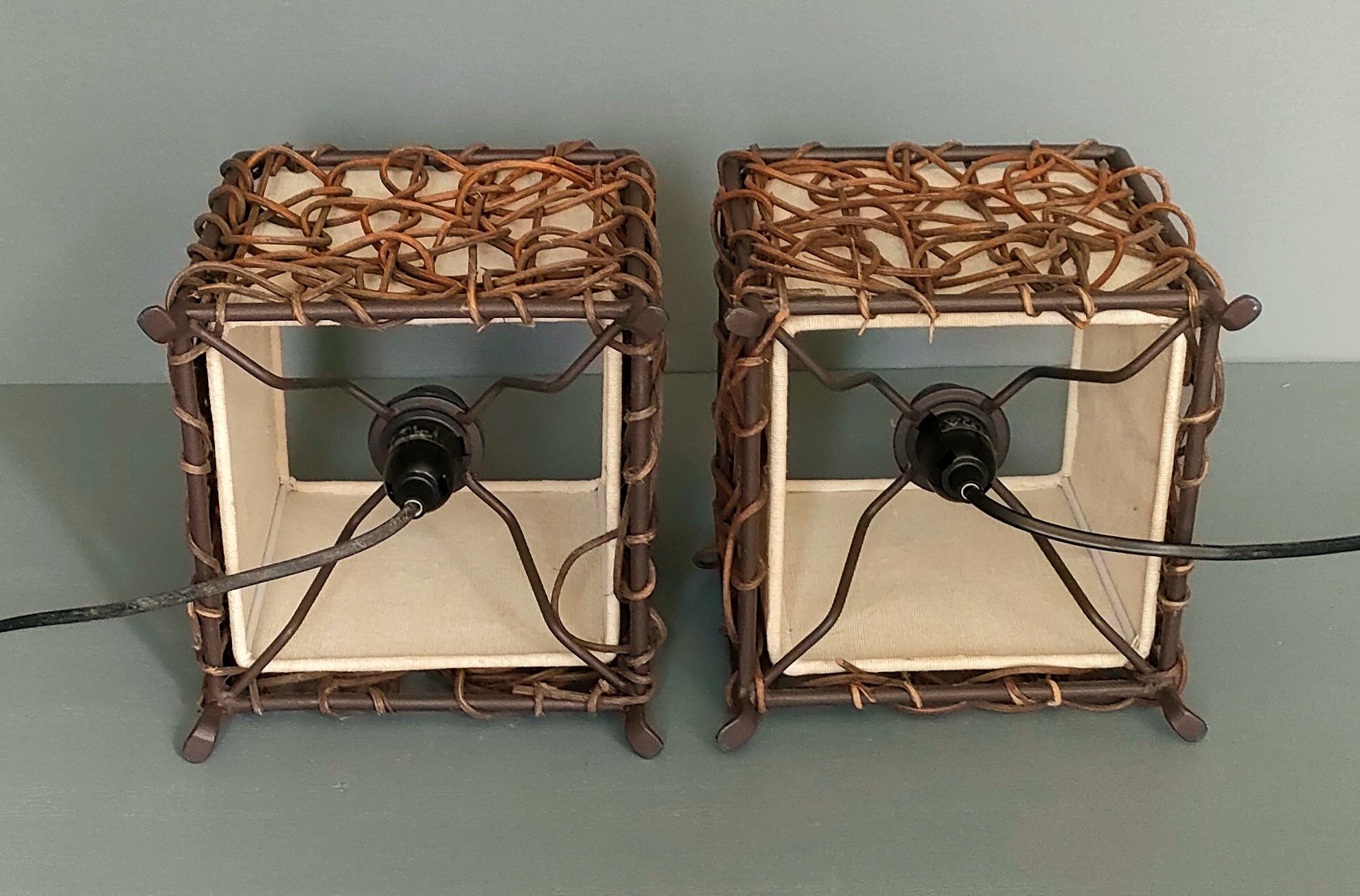 Pair of ethnic table lamps - braided water hyacinth roots, wrought iron, cotton