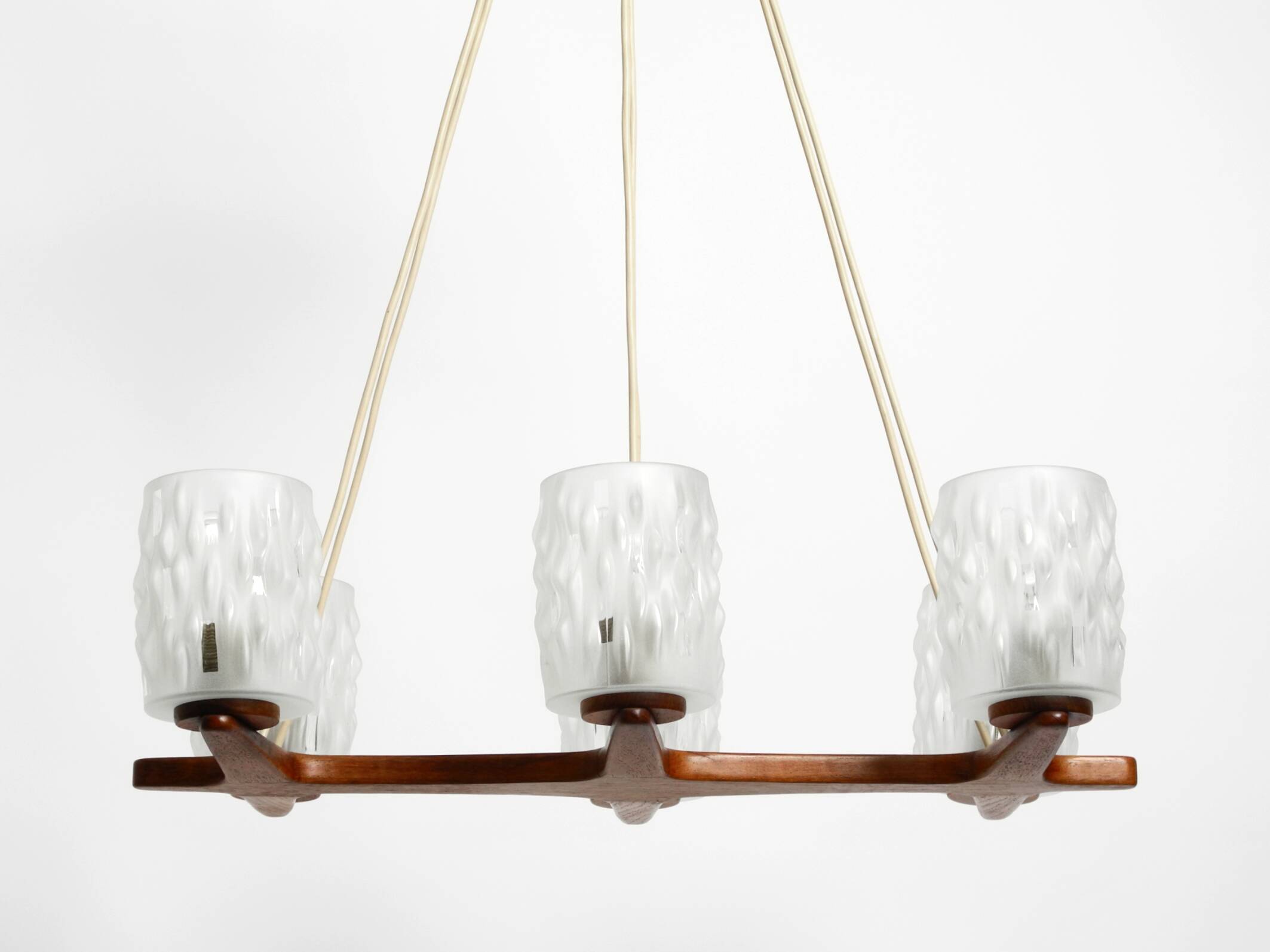 Beautiful 6-armed Scandinavian 1960s ceiling lamp made of teak and with gla