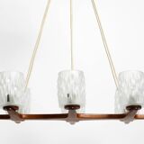 Beautiful 6-armed Scandinavian 1960s ceiling lamp made of teak and with gla