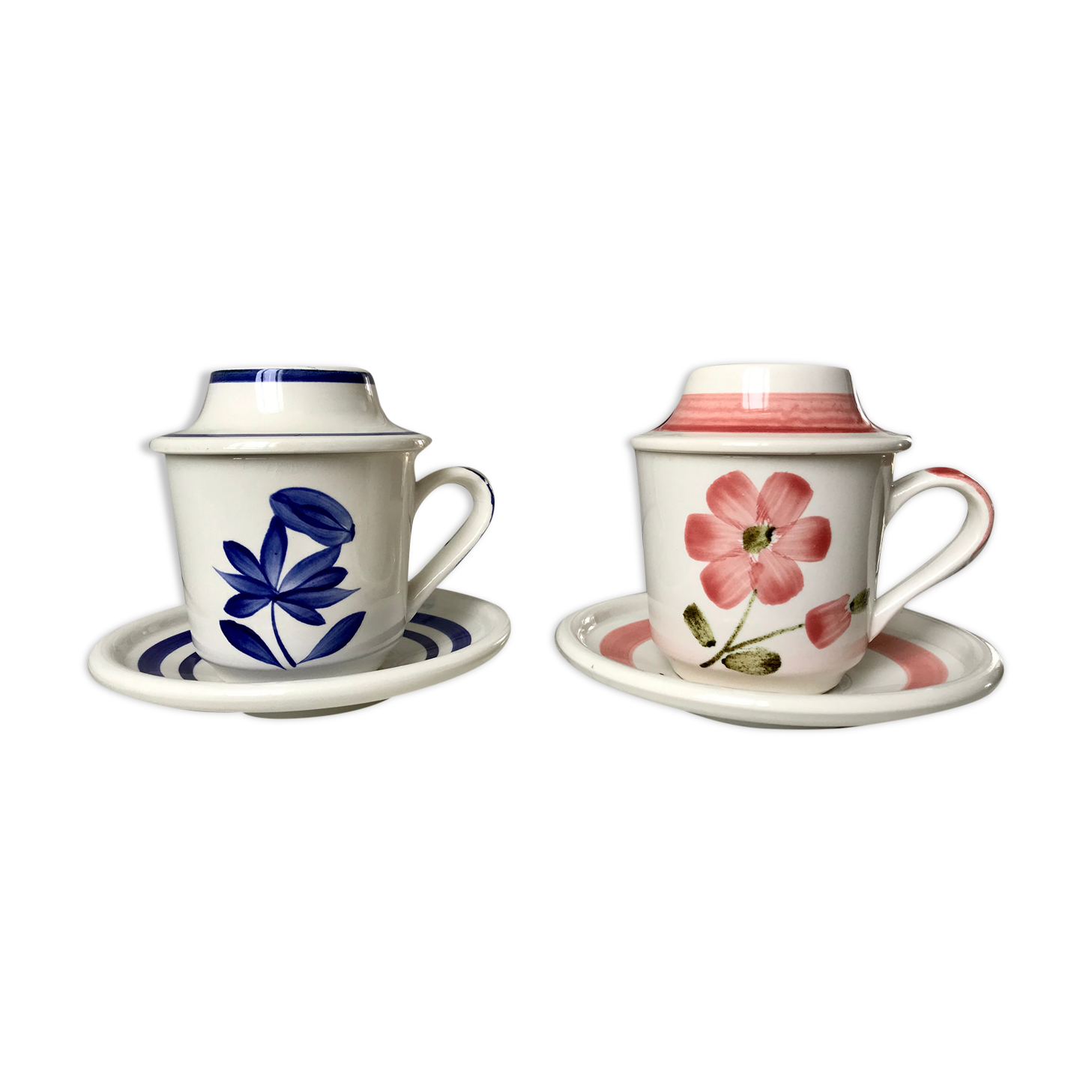 Duo of tea cups / herbal teas Sarreguemines colorful 50s