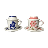 Duo of tea cups / herbal teas Sarreguemines colorful 50s