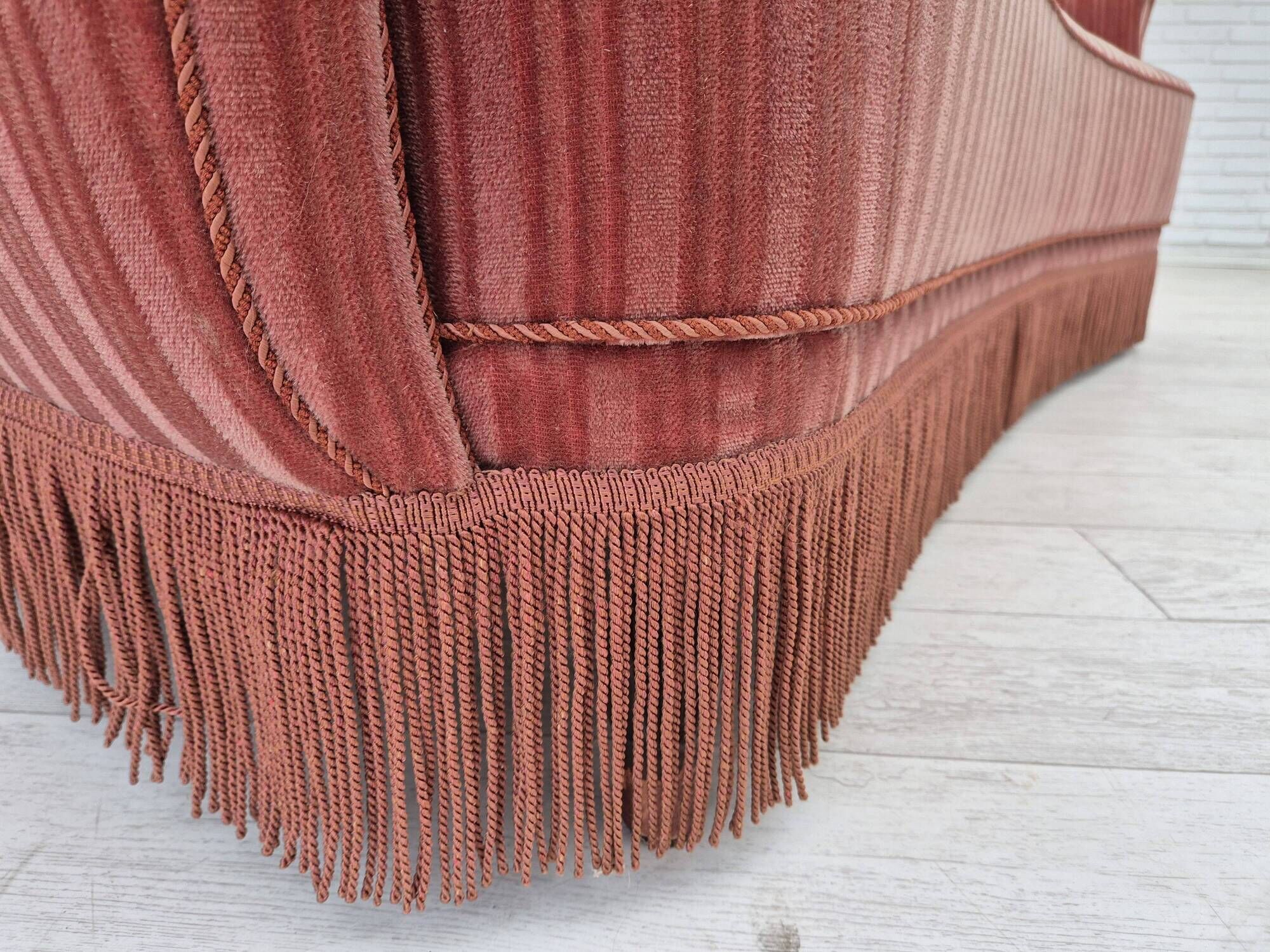 1960s, Danish 3-seater curved sofa, pink-salmon furniture velour, original.