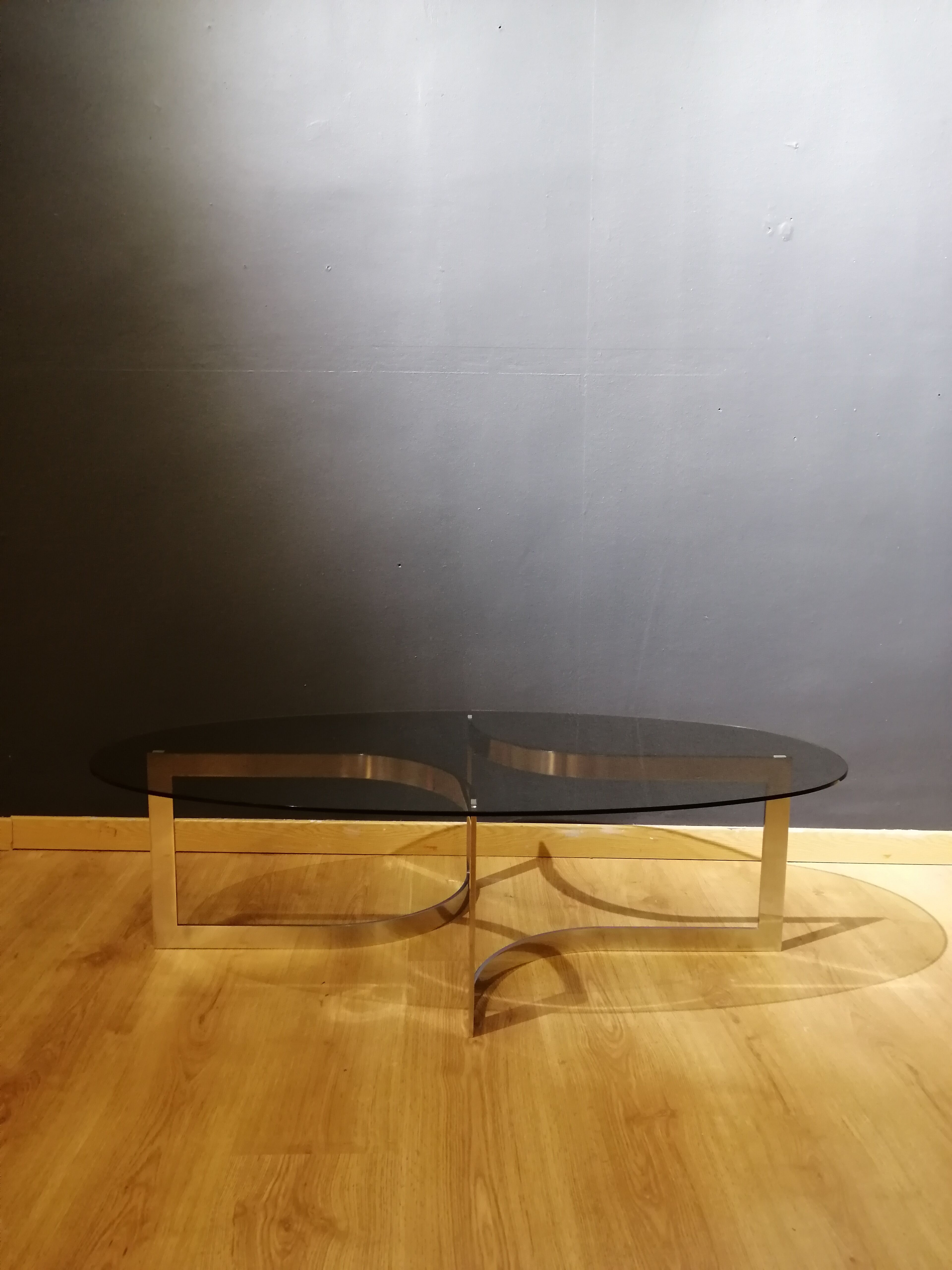 Coffee table in smoked glass and chrome by designer Paul Legeard, 70s