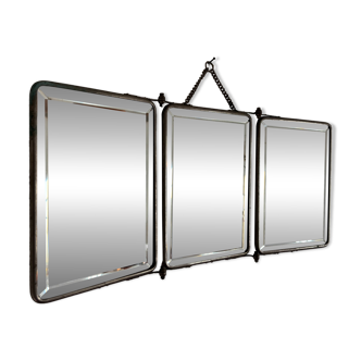 Miroir vintage 1930 triptyque barbier cristal biseauté- 25 x 58 cm