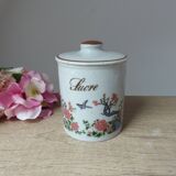 Ancienne boite à sucre en grès moucheté décor oiseau et arbre en fleurs