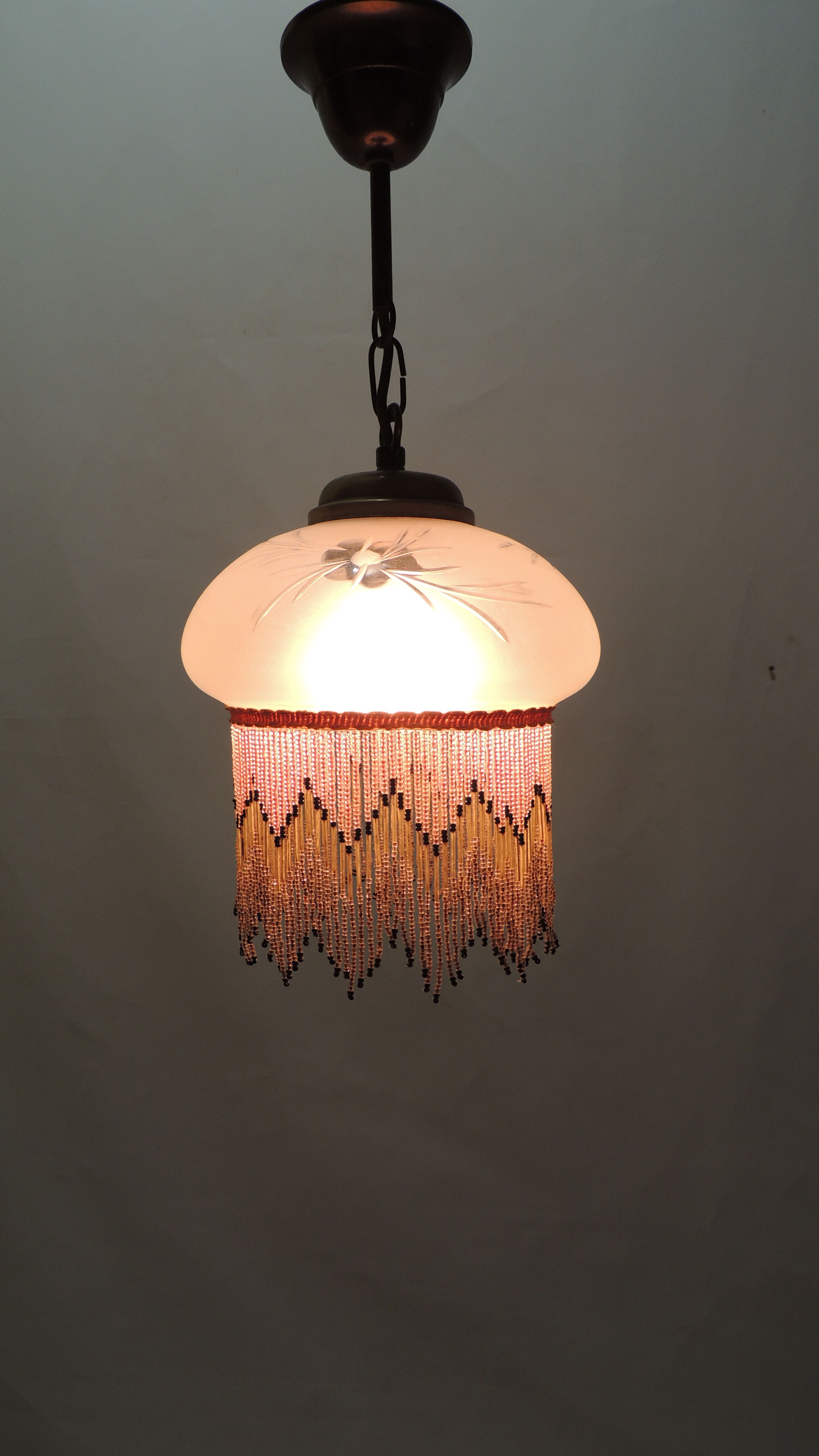 Charleston pendant lamp / engraved and frosted glass and glass bead fringe / vintage