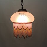 Charleston pendant lamp / engraved and frosted glass and glass bead fringe / vintage