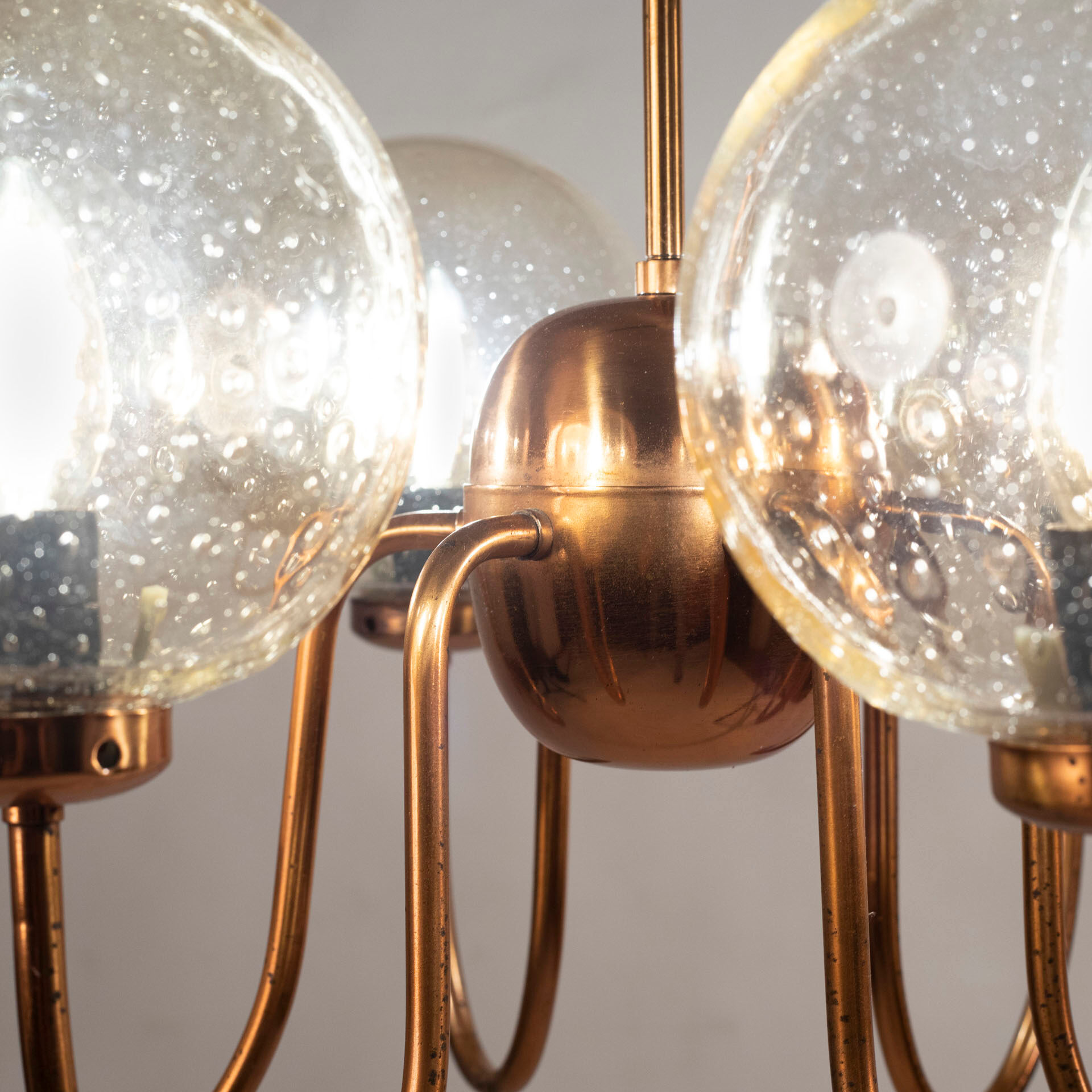 Chandelier in patinated copper and bubble glass produced by elmed, poland, 1970s