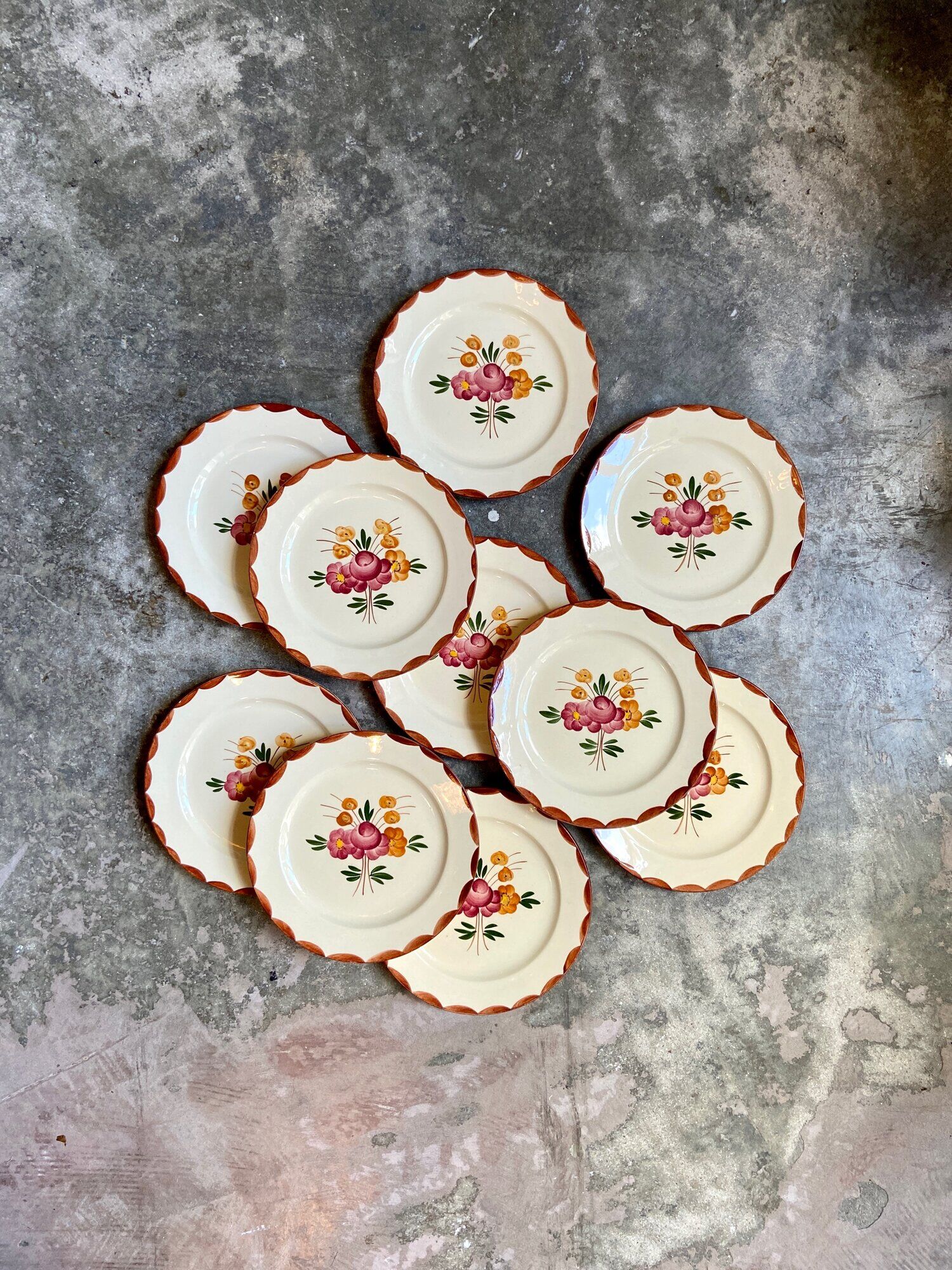 10 hand-painted Longchamp dessert plates, service "Agen" 1950s'