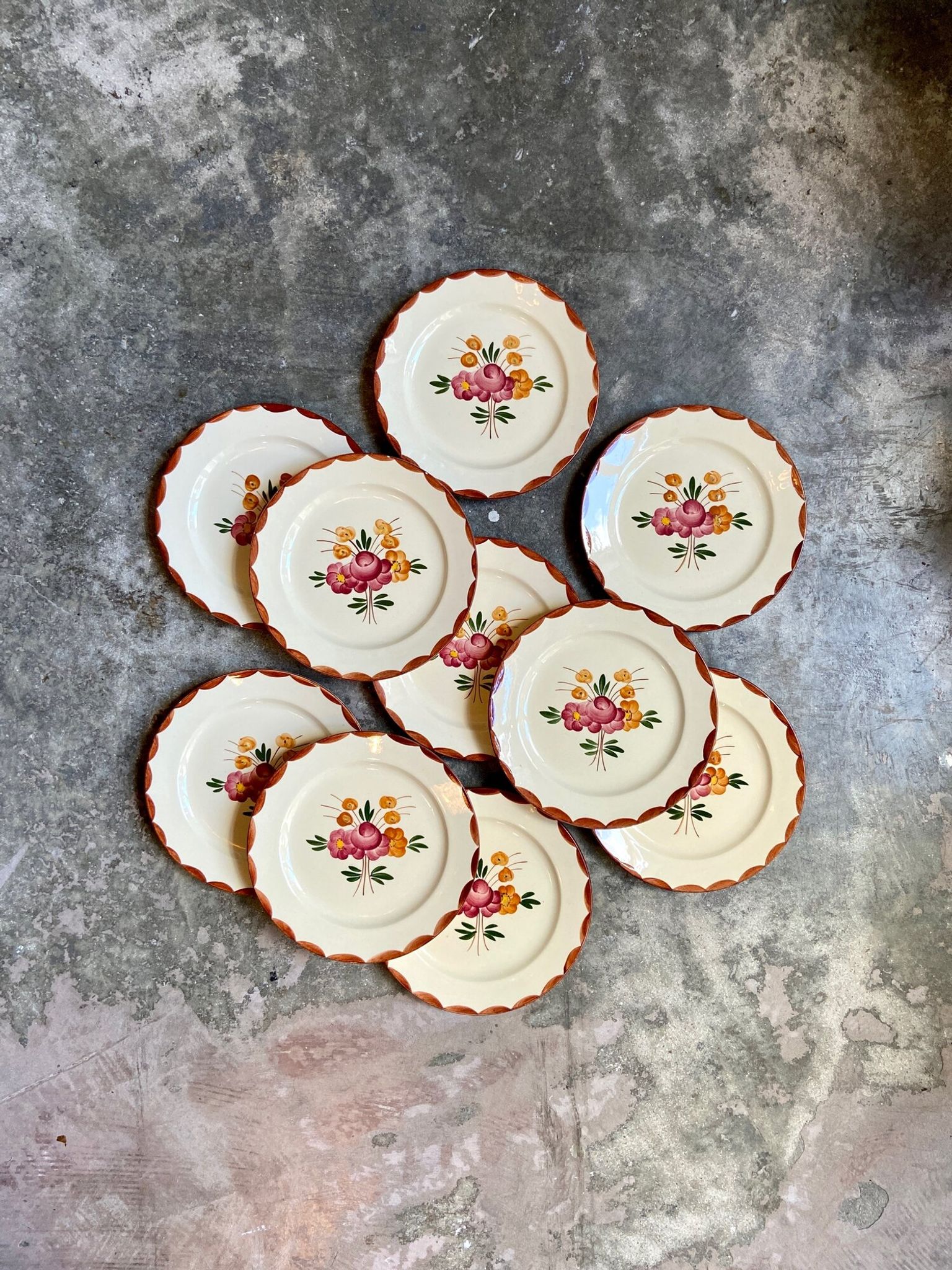 10 hand-painted Longchamp dessert plates, service "Agen" 1950s'