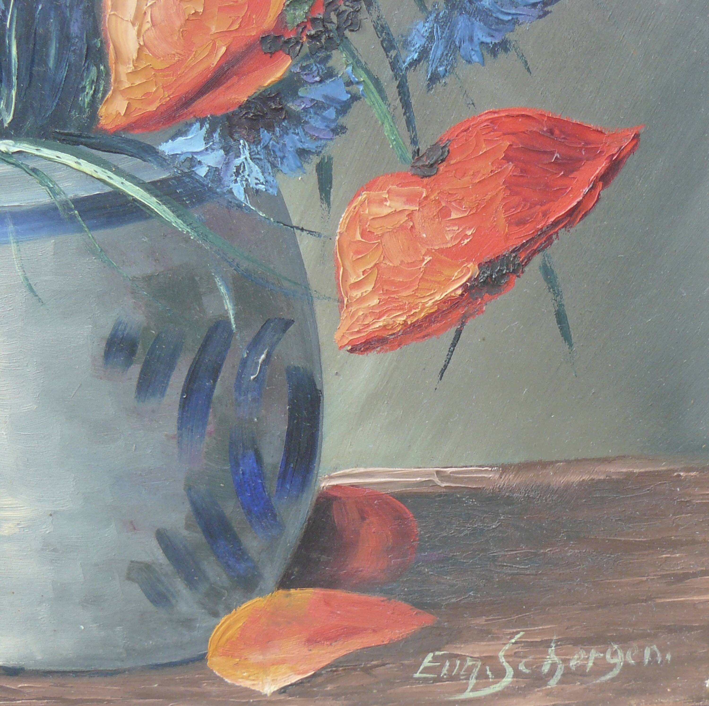 Painting by Eugène SCHERGEN still life with poppies tricolor flowers vintage 1960