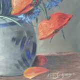 Painting by Eugène SCHERGEN still life with poppies tricolor flowers vintage 1960