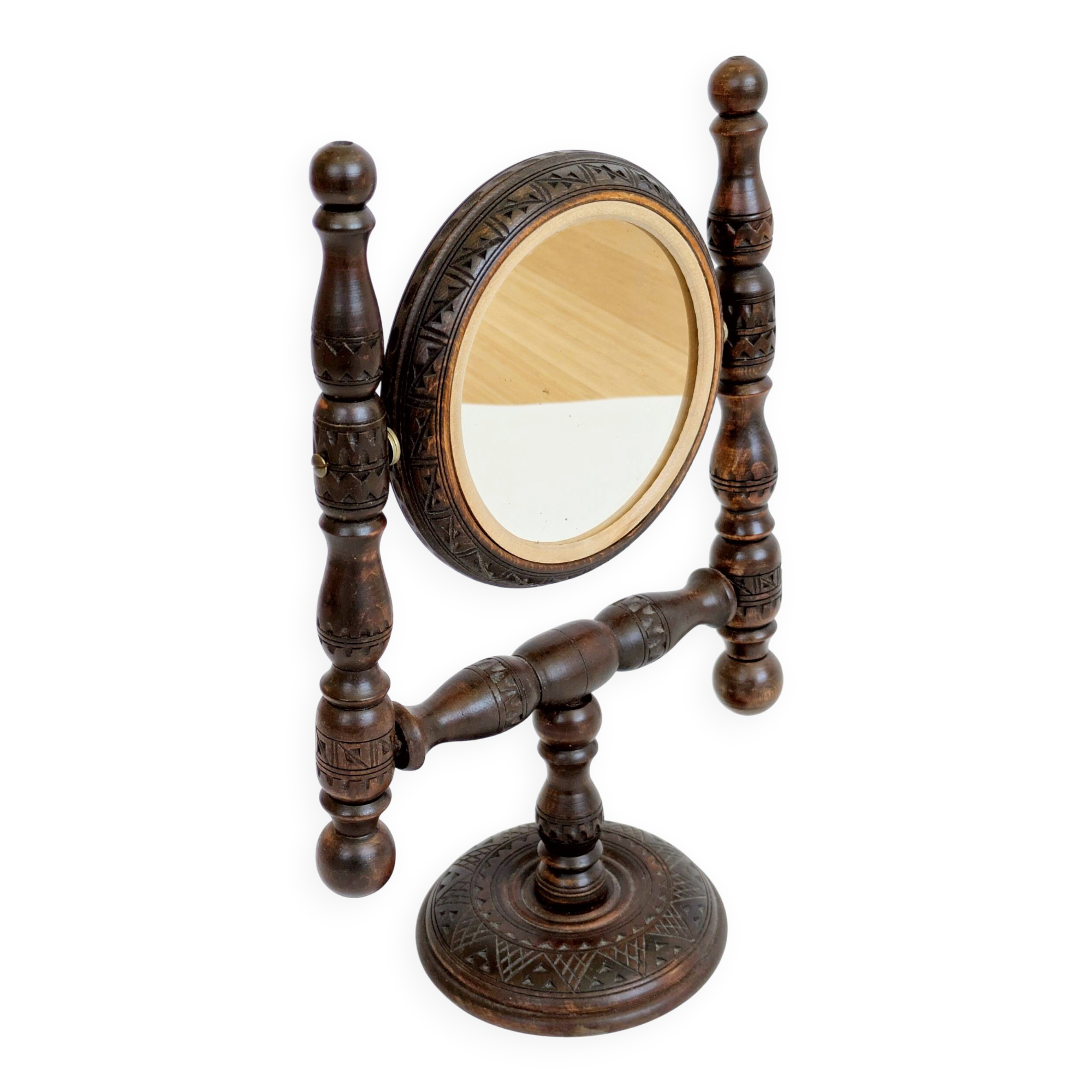 Vintage pivoting mirror to place, carved wood, rustic folk art decor.