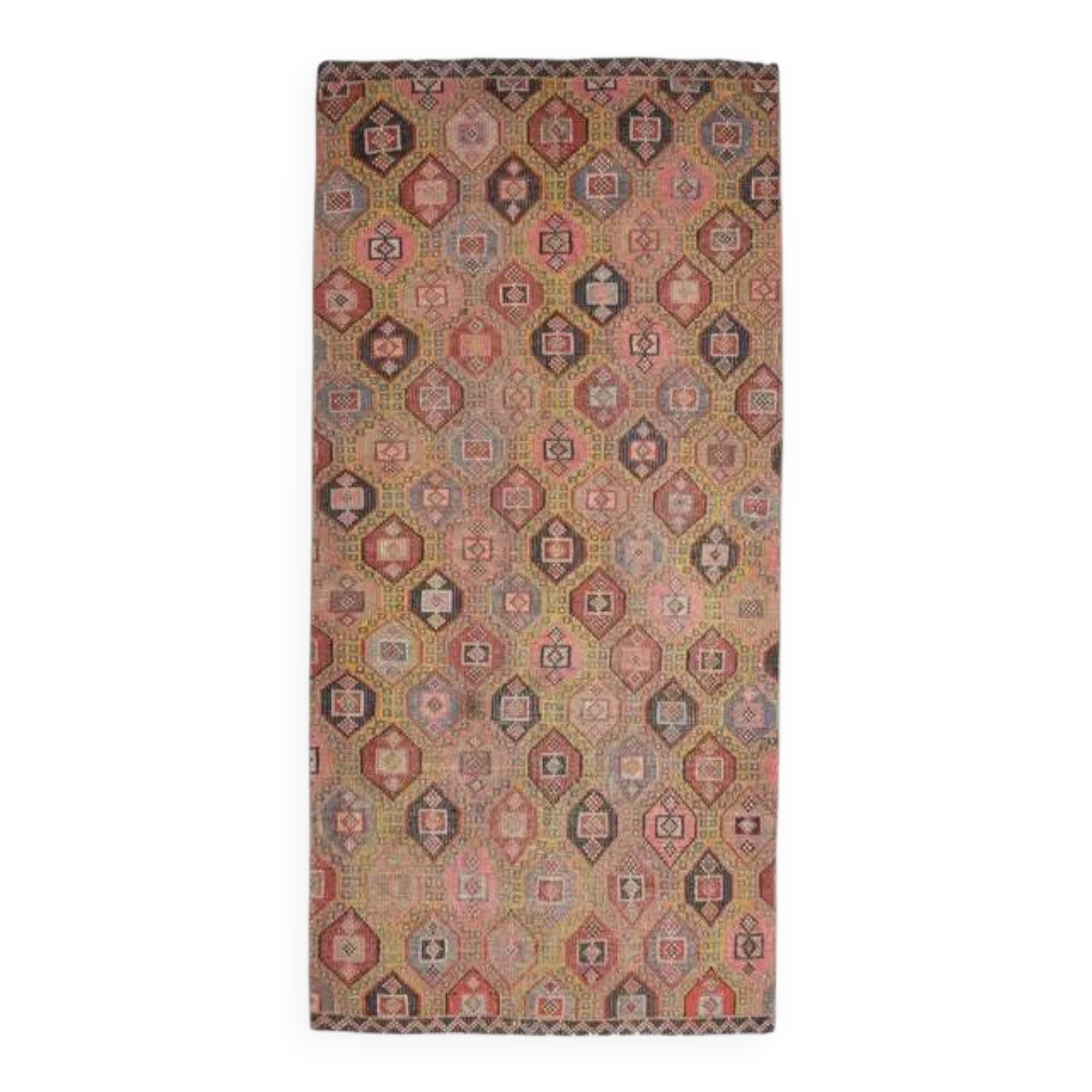 1970s Vintage Turkish Oushak Handmade Colorful Runner Rug 145x243