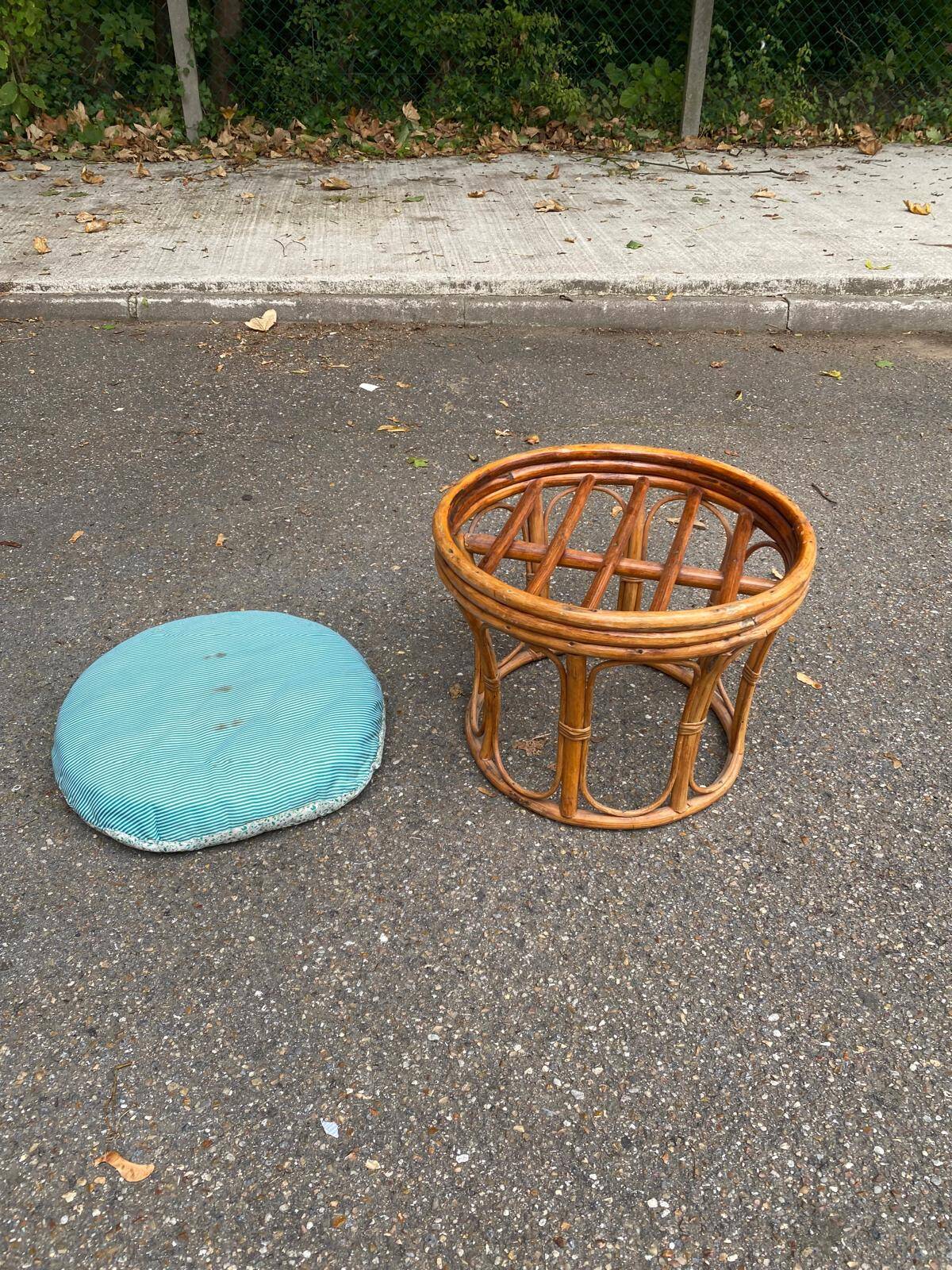 Vintage round woven bamboo pouf