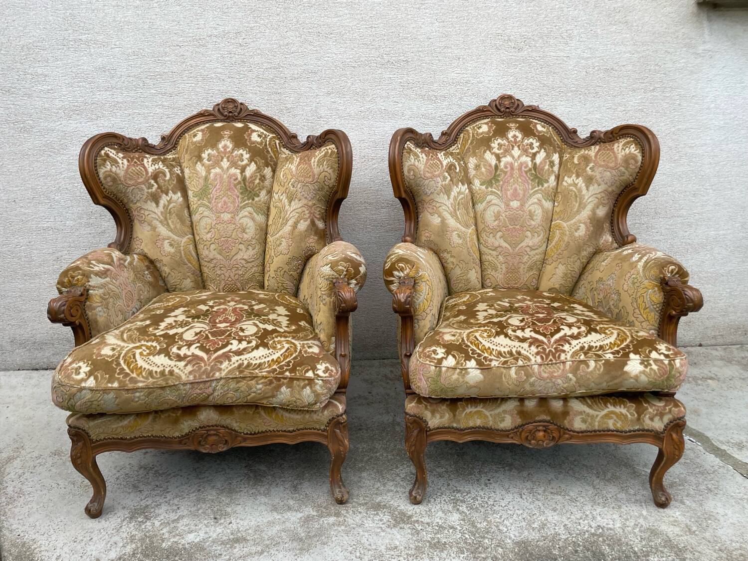 2 Louis XV style armchairs in brocade and velvety fabric