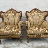 2 Louis XV style armchairs in brocade and velvety fabric