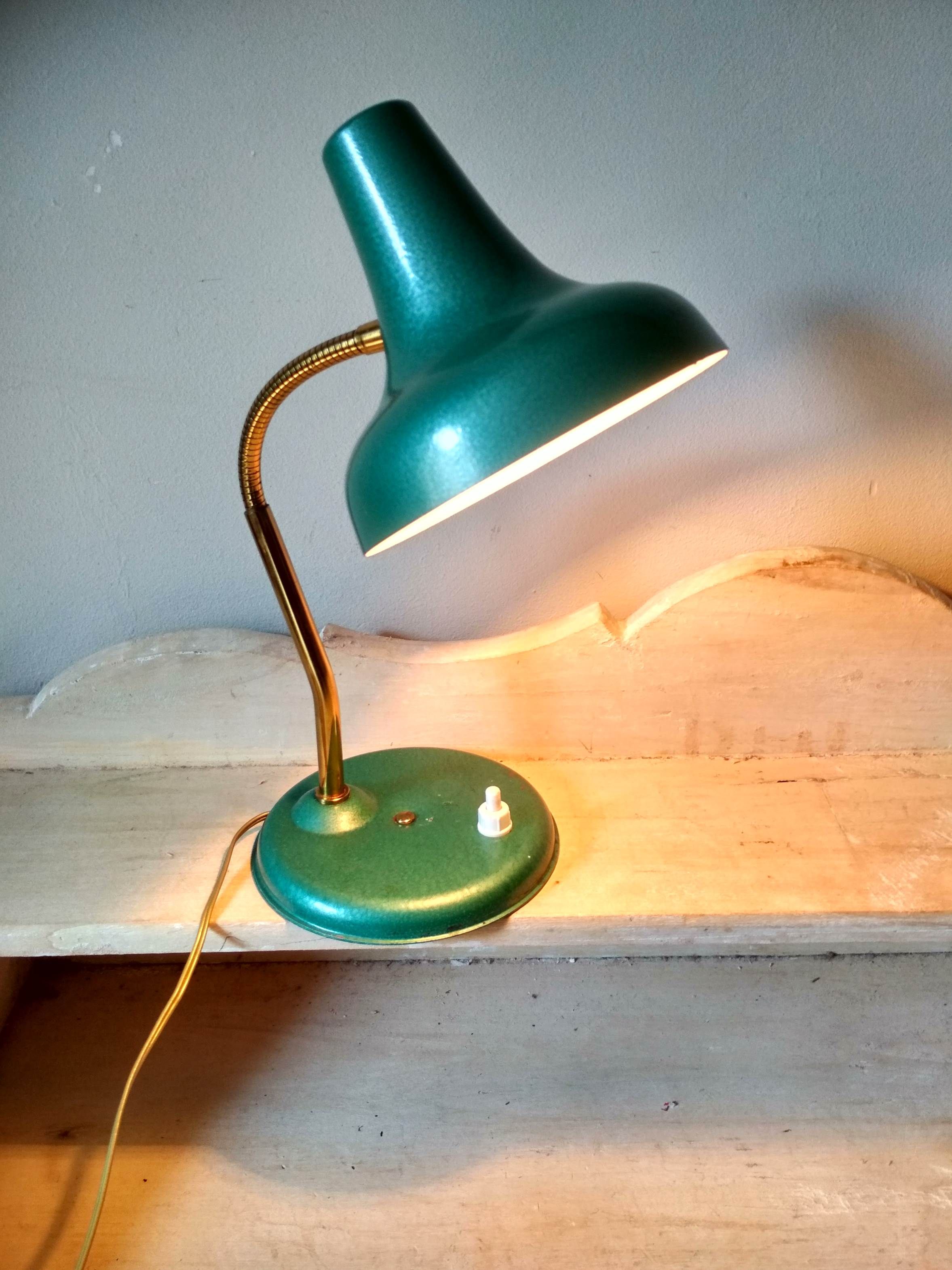 50's 50's green metal articulated desk lamp and golden flexible foot