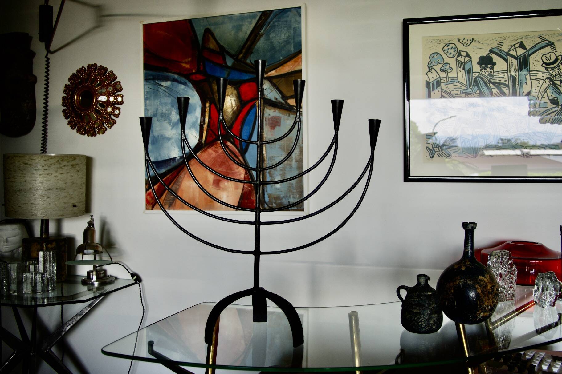 Wrought and beated iron menorah sweden 1950