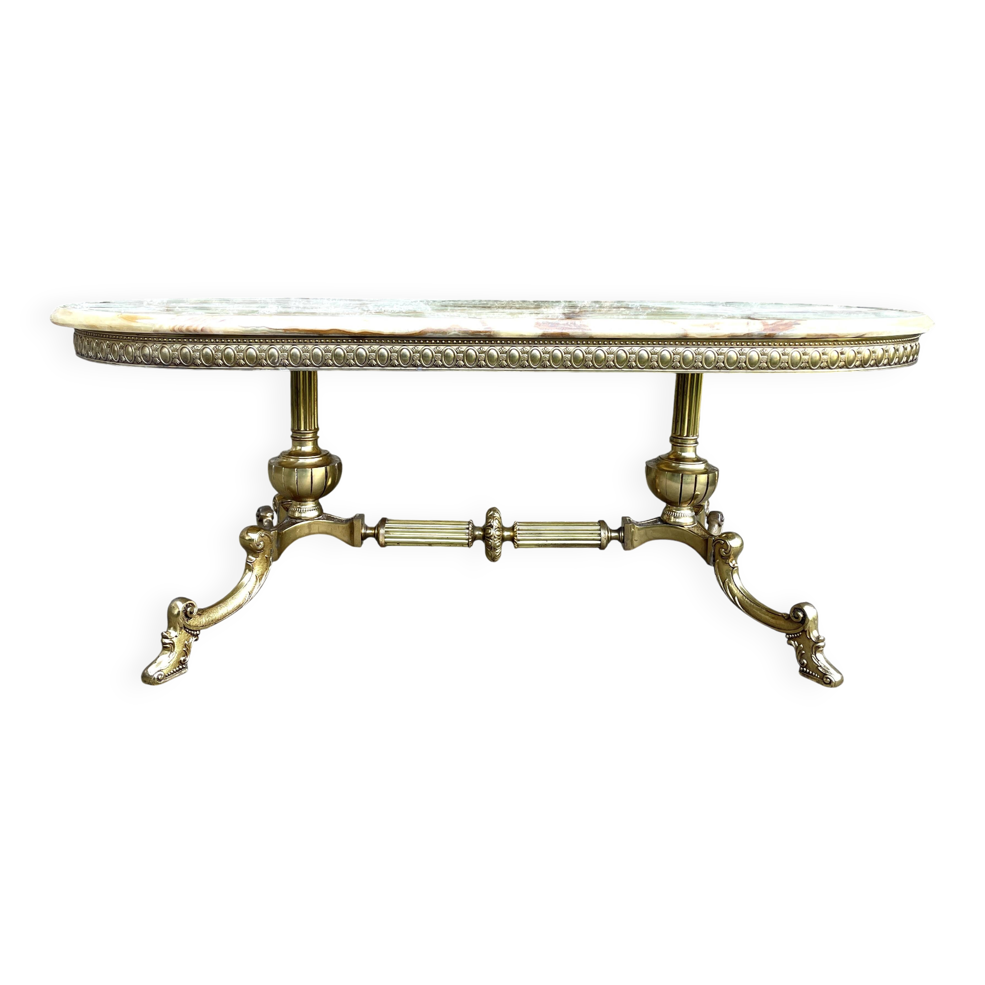 Louis XVI style oval coffee table in onyx and gilt brass