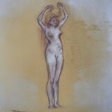 Tableau signé sanguine pastel portait féminin « la coiffure »