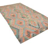 5x9 Green Red Tribal Handmade Kilim Rug, 163x290Cm