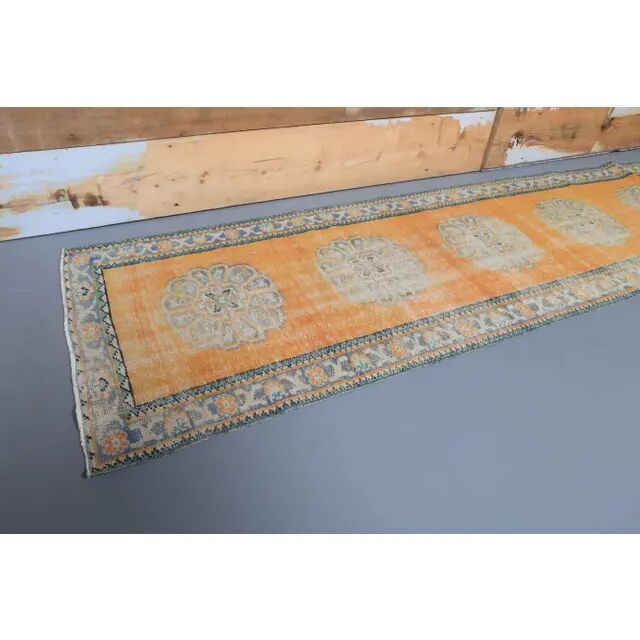 Vintage Turkish Oushak handmade wool cotton orange runner 78x305