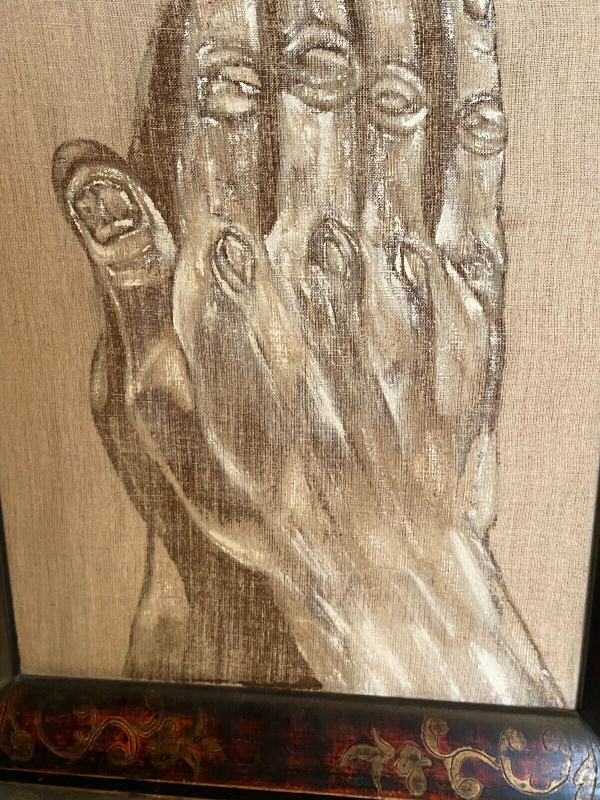 Mixed media on canvas academic study with a two-sided hand