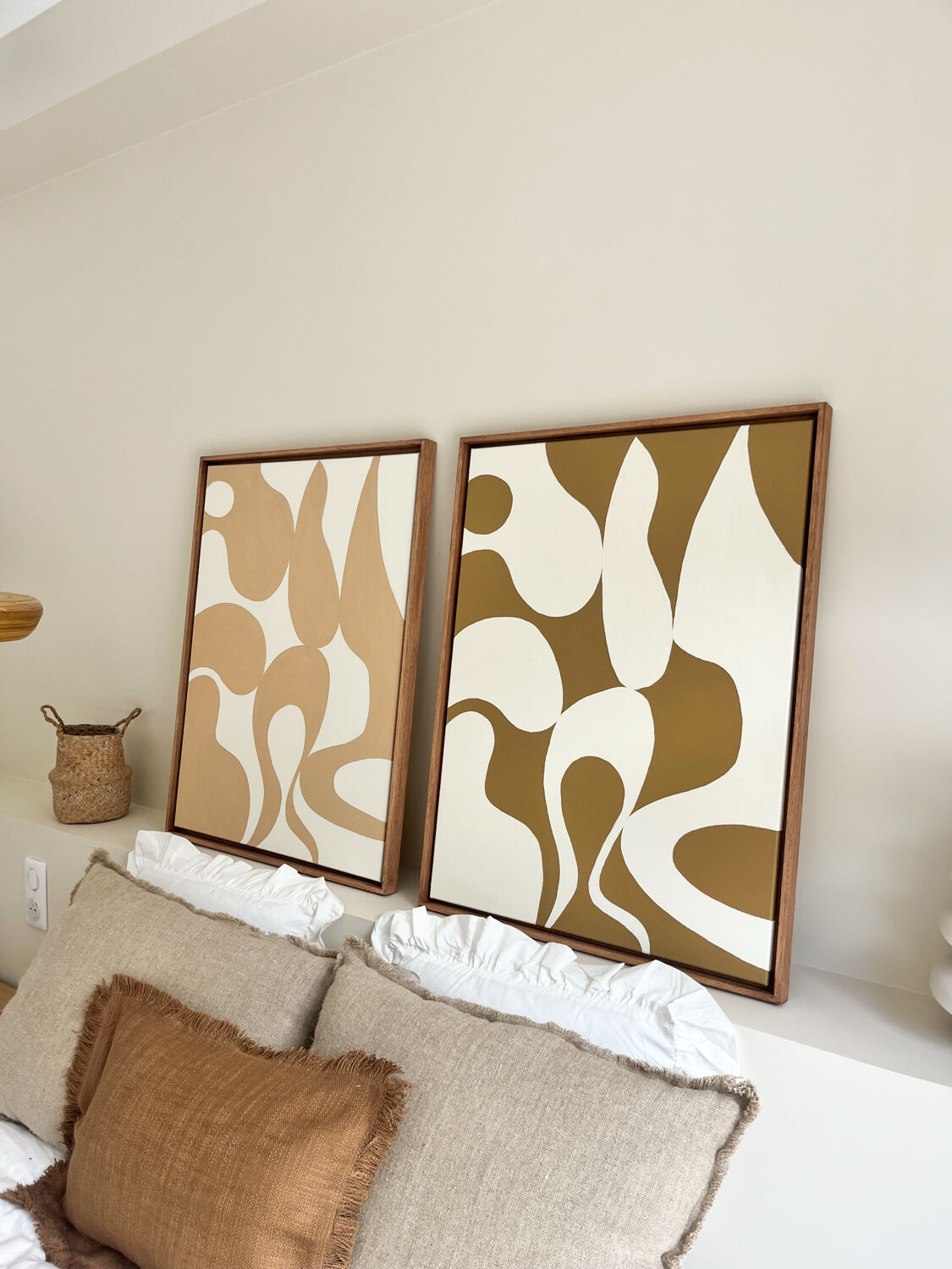 Tableaux diptyque organique beige marron, crème