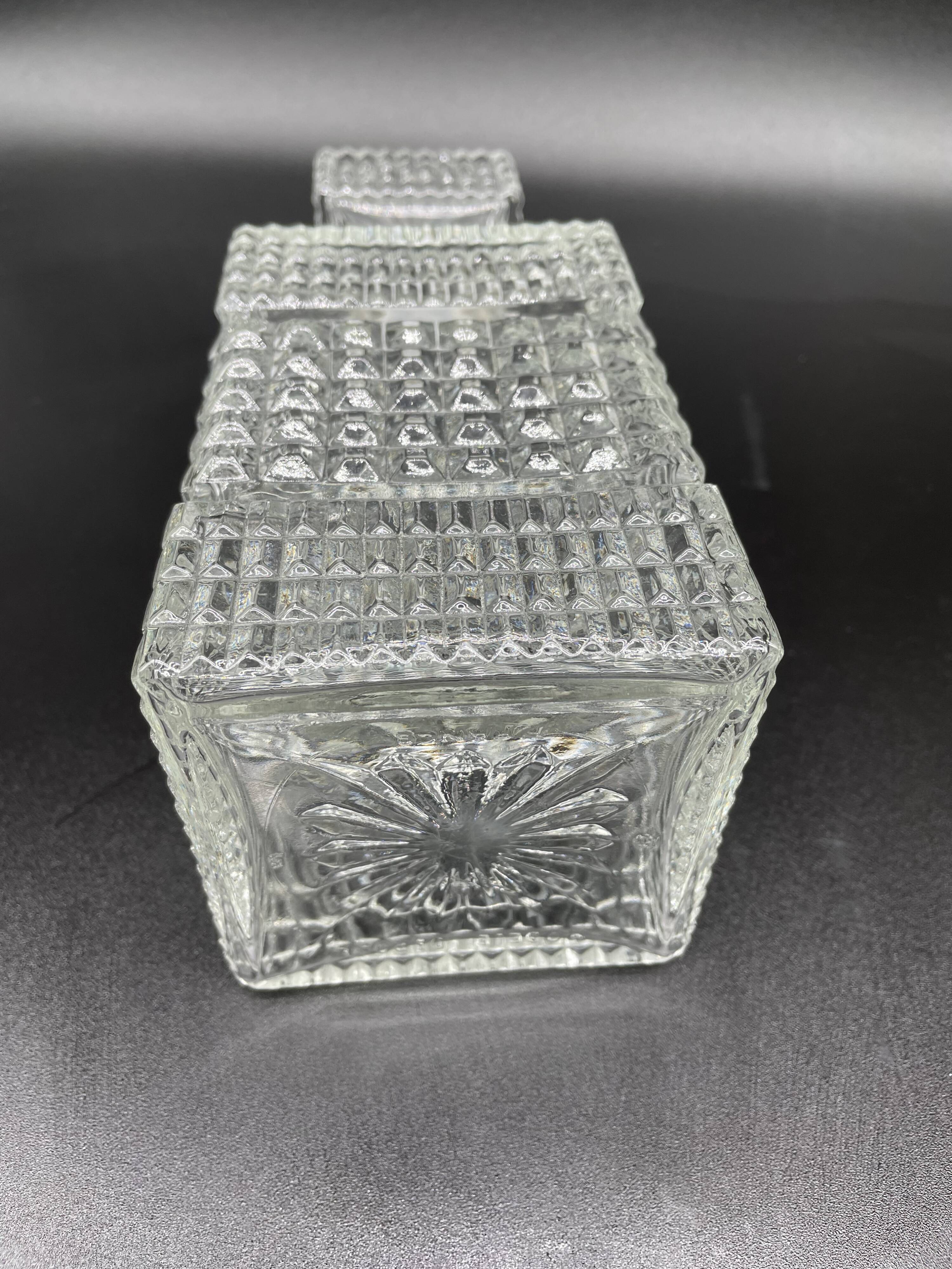 Vintage, whisky decanter, pitcher, bottle, square cap, diamond decoration, spikes, 1960s, 1970s