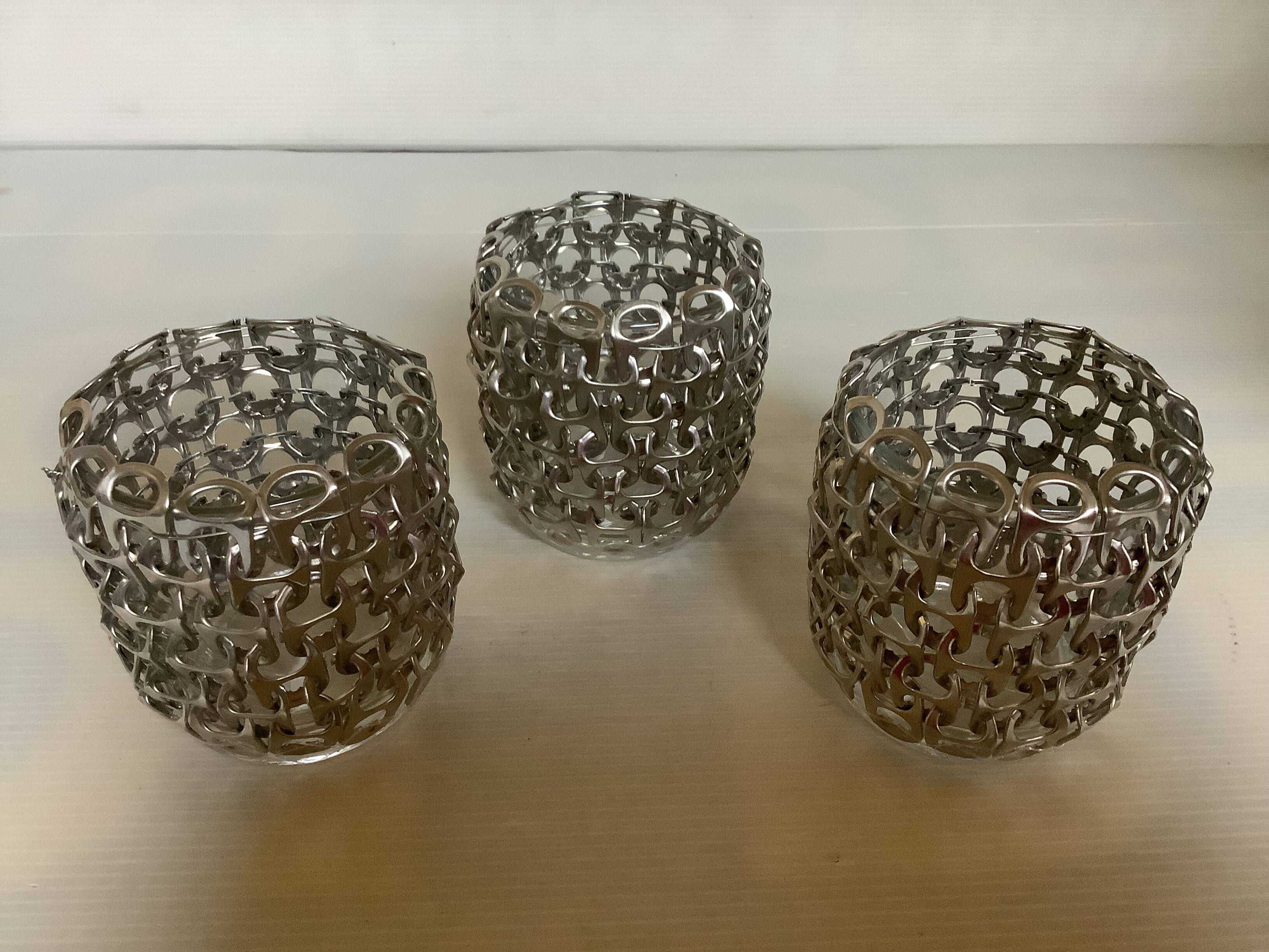 Trio of candle holders in metal strips folk art