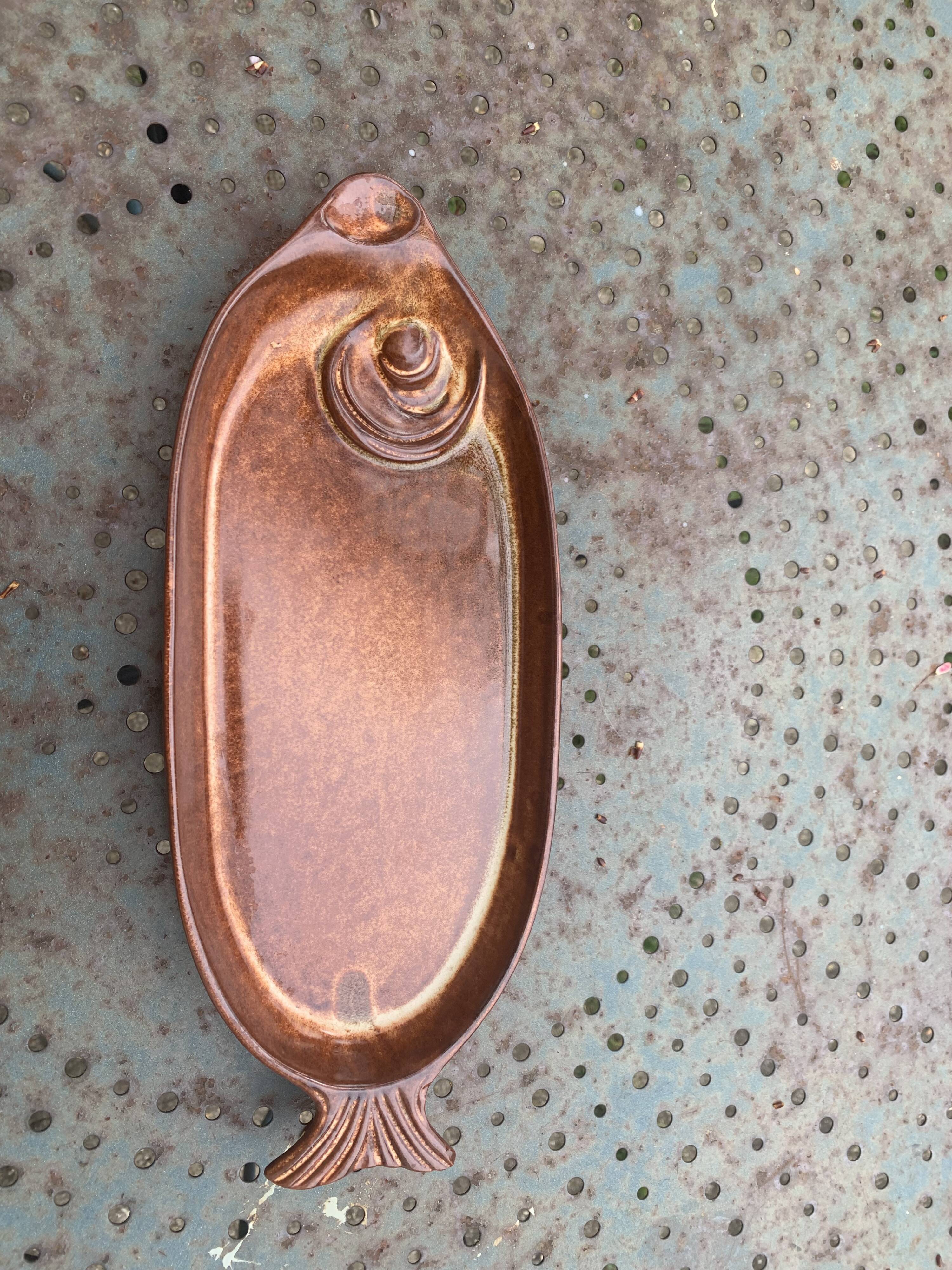 Slurry glazed ceramic dish in the shape of vintage fish
