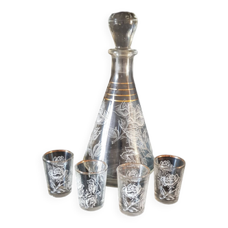 Carafe et ses 4 verres assortis motif "Roses"