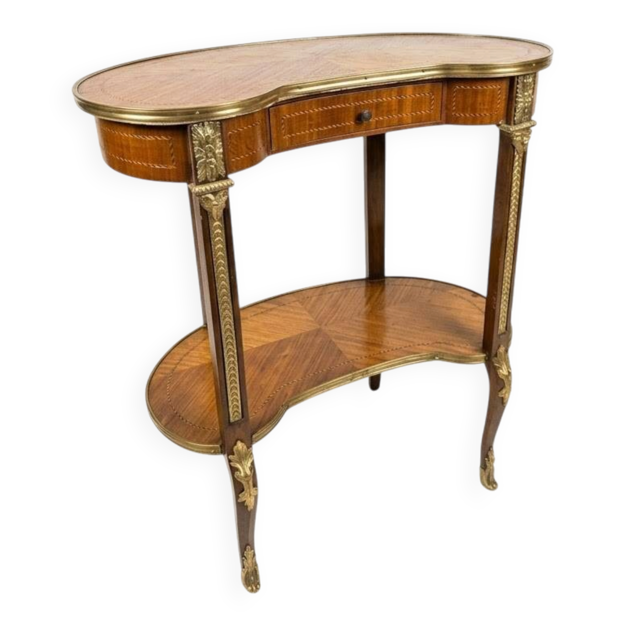 Kidney-shaped bedside table in Louis XV style with marquetry.