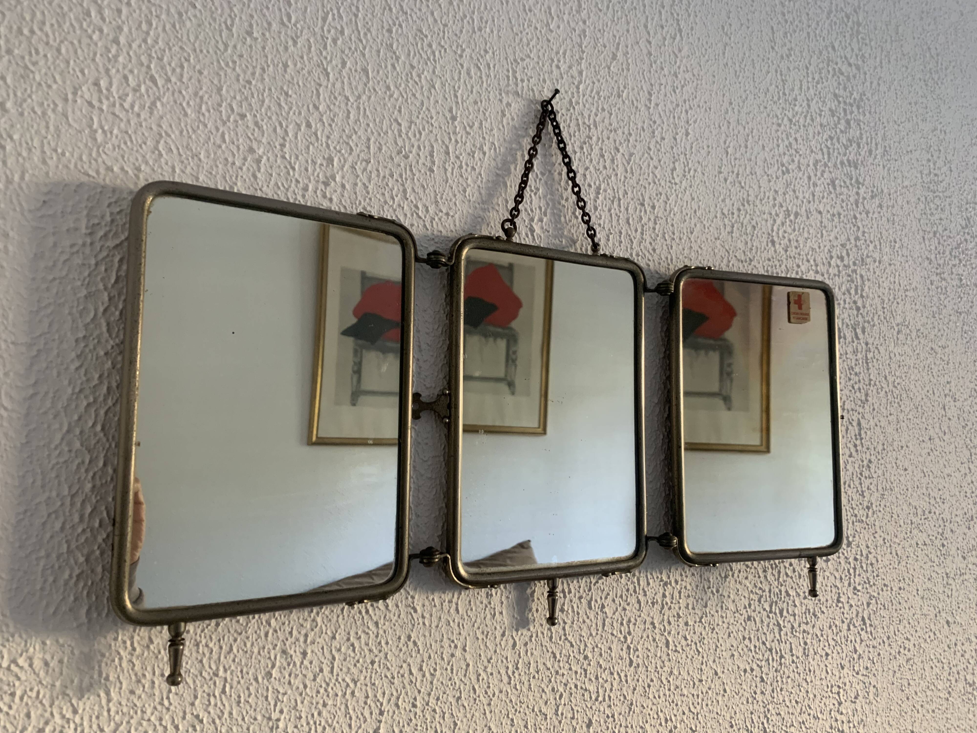 Miroir vintage 1910 triptyque barbier Art Déco armée - 24 x 51 cm