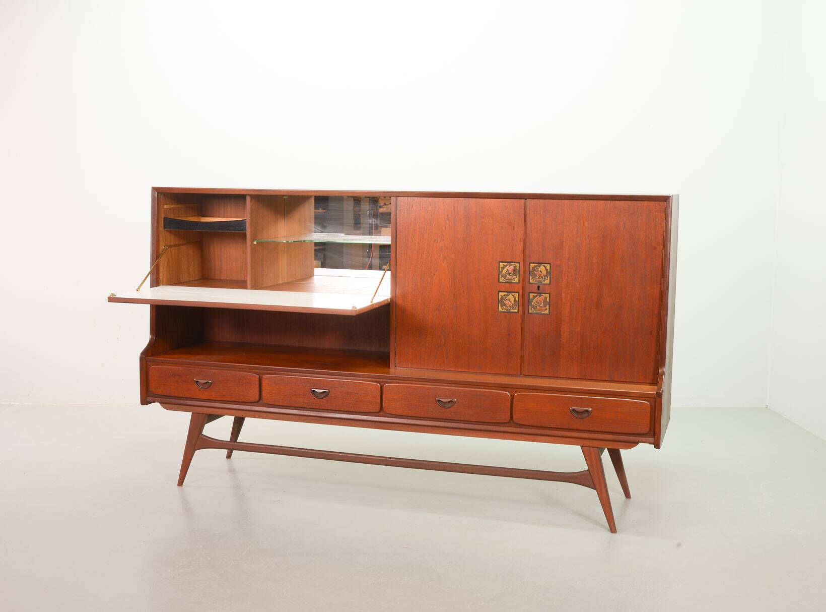 Louis van Teeffelen Vintage Design Teak Wooden High Sideboard for Webe 60s