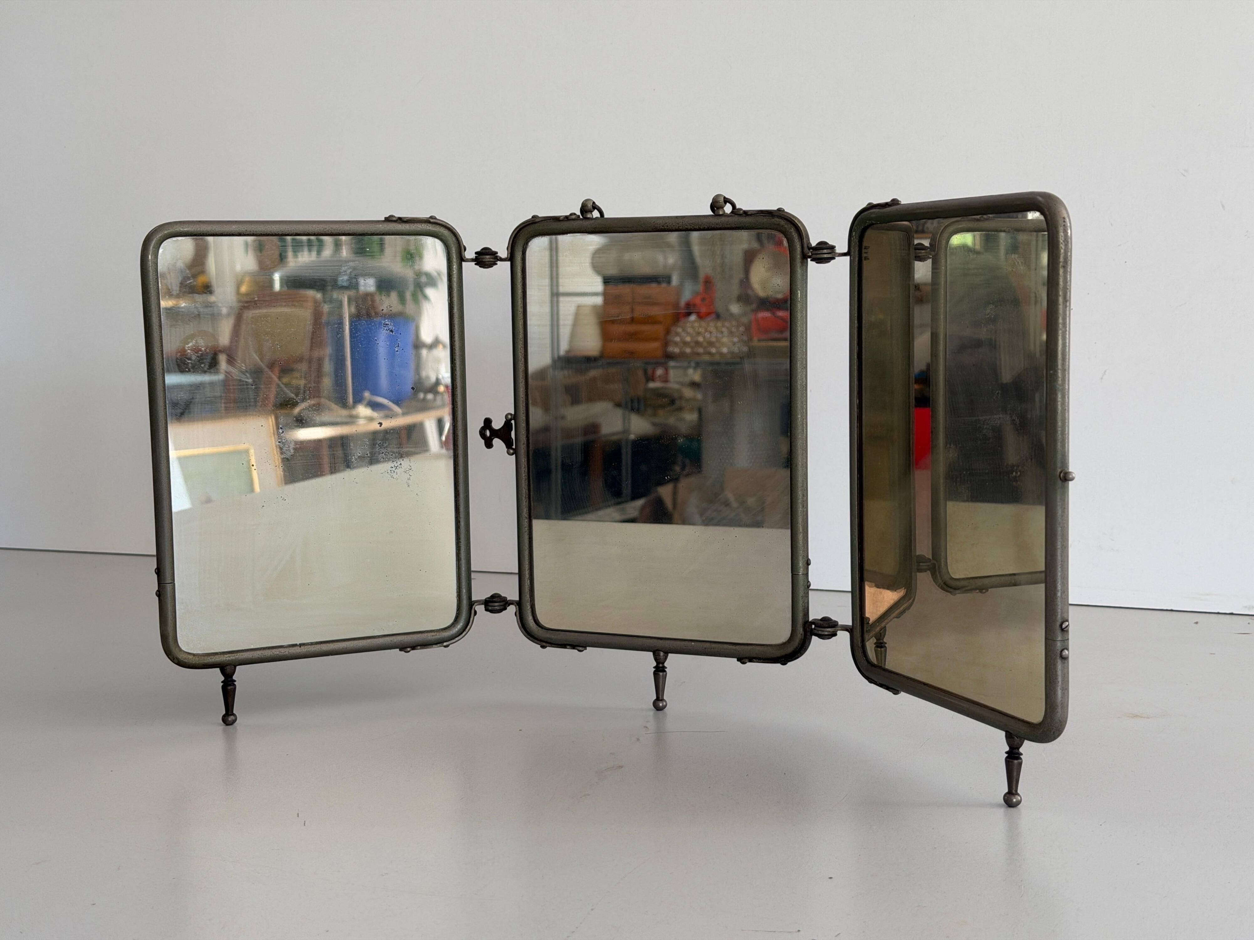 Art Deco 3 Nickel-plated glass covers Table or wall mirror, 1940s, Italy