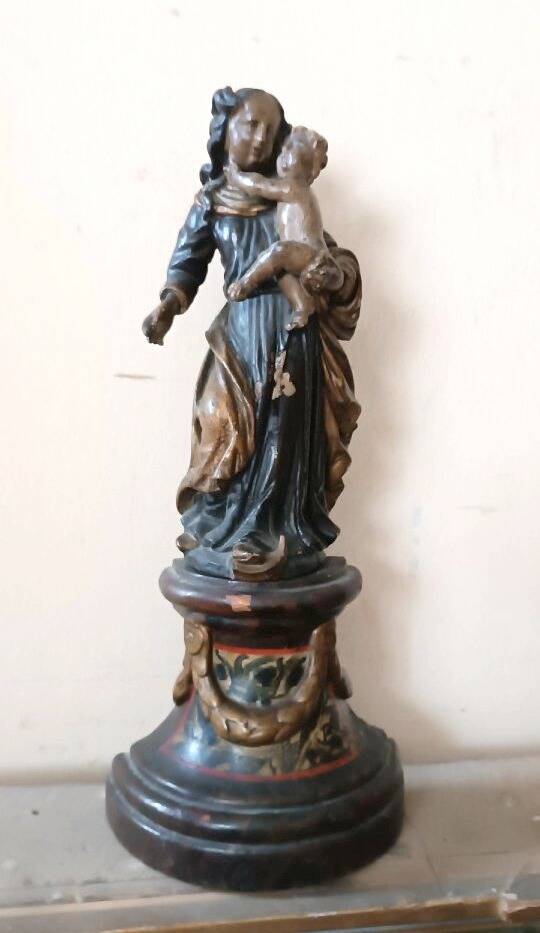 Ancient polychrome wooden sculpture representing the Virgin and Child, from